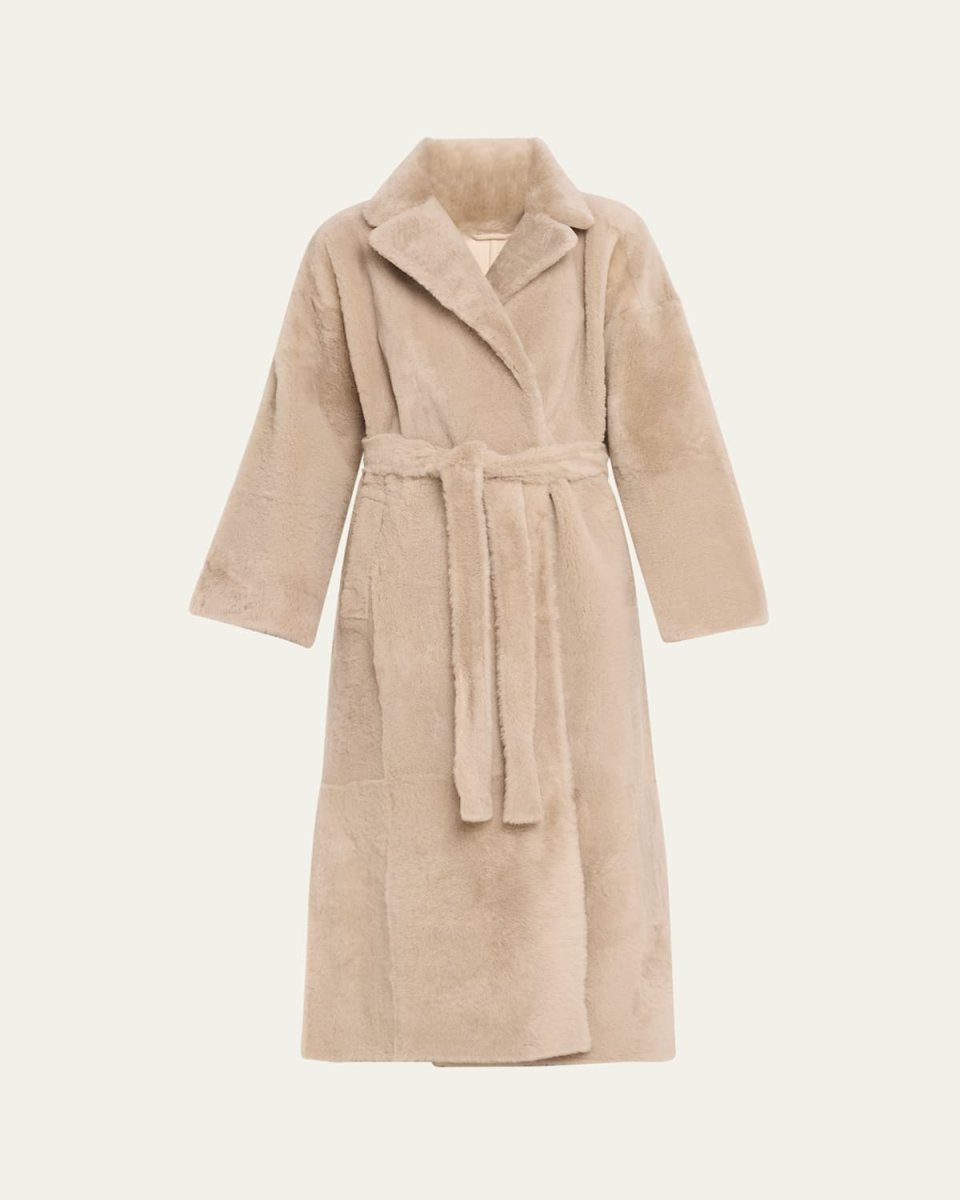 Reversible Shearling Velour Overcoat with Self-Tie